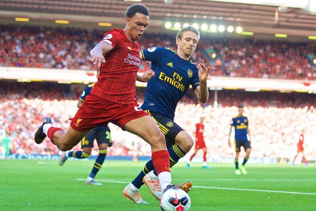 LIVERPOOL, ENGLAND - Saturday, August 24, 2019: Liverpool's Trent Alexander-Arnold during the FA Premier League match between Liverpool FC and Arsenal FC at Anfield. (Pic by David Rawcliffe/Propaganda)