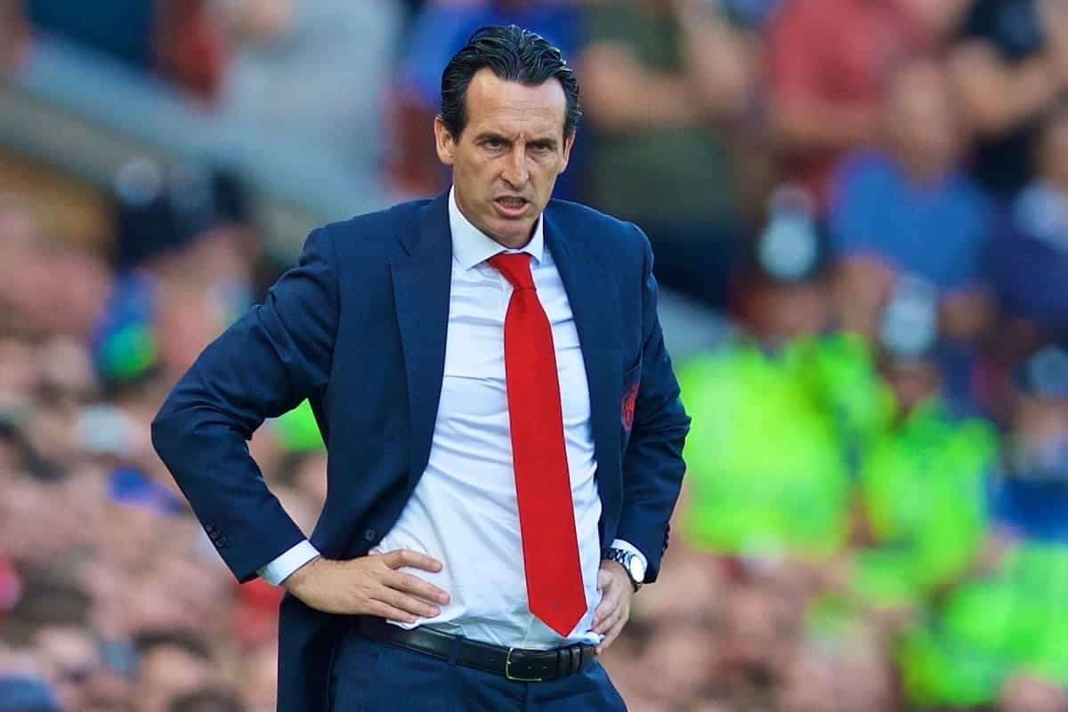 LIVERPOOL, ENGLAND - Saturday, August 24, 2019: Arsenal's manager Unai Emery during the FA Premier League match between Liverpool FC and Arsenal FC at Anfield. (Pic by David Rawcliffe/Propaganda)