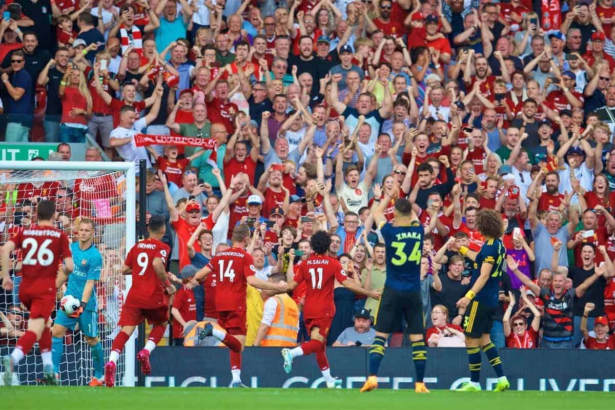 LIVERPOOL, ENGLAND - Saturday, August 24, 2019: Liverpool's Mohamed Salah celebrates scoring the second goal, from a penalty kick, during the FA Premier League match between Liverpool FC and Arsenal FC at Anfield. (Pic by David Rawcliffe/Propaganda)