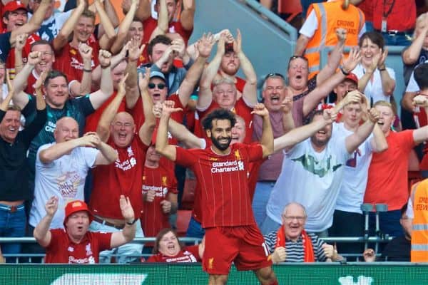 LIVERPOOL, ENGLAND - Saturday, August 24, 2019: Liverpool's Mohamed Salah celebrates scoring the third goal during the FA Premier League match between Liverpool FC and Arsenal FC at Anfield. (Pic by David Rawcliffe/Propaganda)