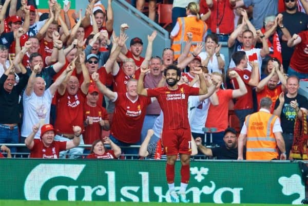 LIVERPOOL, ENGLAND - Saturday, August 24, 2019: Liverpool's Mohamed Salah celebrates scoring the third goal during the FA Premier League match between Liverpool FC and Arsenal FC at Anfield. (Pic by David Rawcliffe/Propaganda)