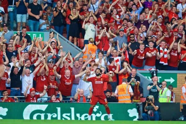 LIVERPOOL, ENGLAND - Saturday, August 24, 2019: Liverpool's Mohamed Salah celebrates scoring the third goal during the FA Premier League match between Liverpool FC and Arsenal FC at Anfield. (Pic by David Rawcliffe/Propaganda)