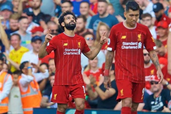 LIVERPOOL, ENGLAND - Saturday, August 24, 2019: Liverpool's Mohamed Salah celebrates scoring the third goal during the FA Premier League match between Liverpool FC and Arsenal FC at Anfield. (Pic by David Rawcliffe/Propaganda)