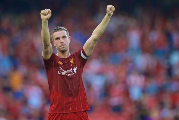 LIVERPOOL, ENGLAND - Saturday, August 24, 2019: Liverpool's captain Jordan Henderson celebrates after the FA Premier League match between Liverpool FC and Arsenal FC at Anfield. Liverpool won 3-1. (Pic by David Rawcliffe/Propaganda)