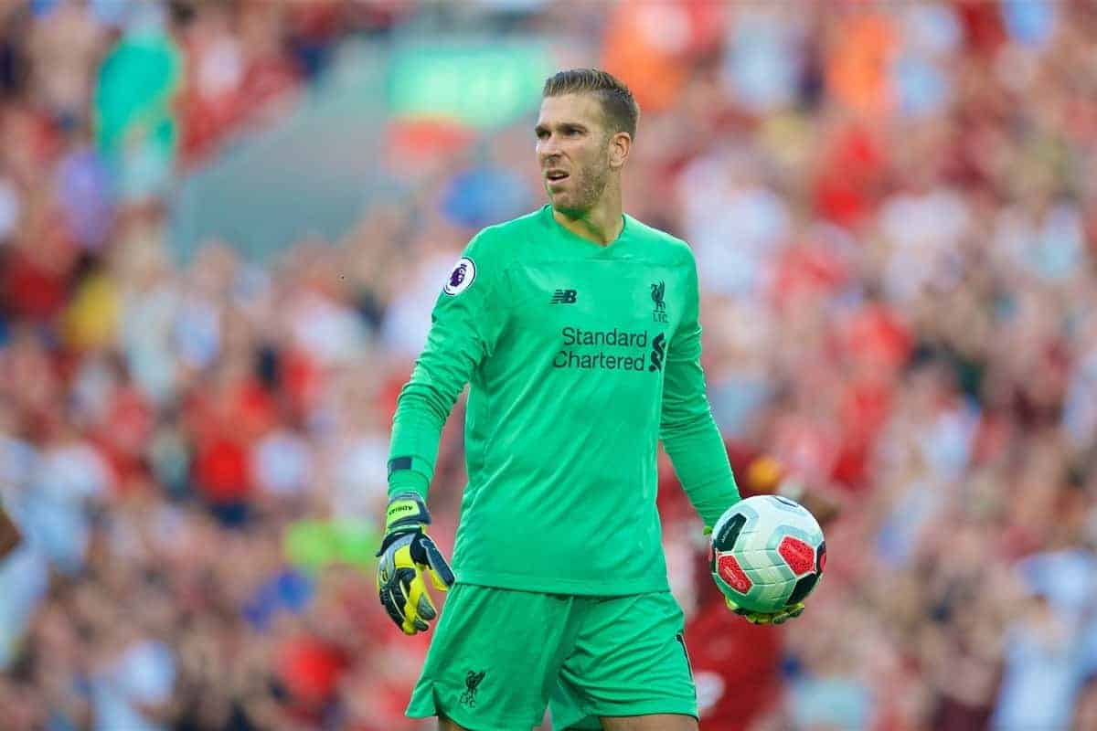 LIVERPOOL, ENGLAND - Saturday, August 24, 2019: Liverpool's goalkeeper Adrián San Miguel del Castillo during the FA Premier League match between Liverpool FC and Arsenal FC at Anfield. (Pic by David Rawcliffe/Propaganda)