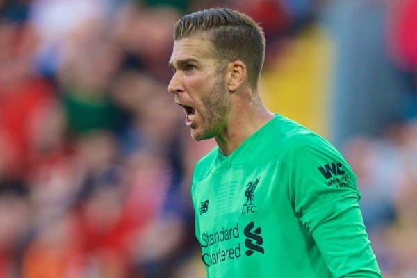 LIVERPOOL, ENGLAND - Saturday, August 24, 2019: Liverpool's goalkeeper Adrián San Miguel del Castillo during the FA Premier League match between Liverpool FC and Arsenal FC at Anfield. (Pic by David Rawcliffe/Propaganda)