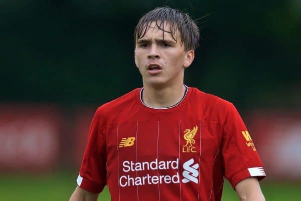 KIRKBY, ENGLAND - Saturday, August 31, 2019: Liverpool's James Norris during the Under-18 FA Premier League match between Liverpool FC and Manchester United at the Liverpool Academy. (Pic by David Rawcliffe/Propaganda)