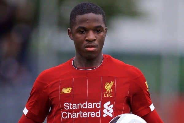 KIRKBY, ENGLAND - Saturday, August 31, 2019: Liverpool's Billy Koumetio during the Under-18 FA Premier League match between Liverpool FC and Manchester United at the Liverpool Academy. (Pic by David Rawcliffe/Propaganda)