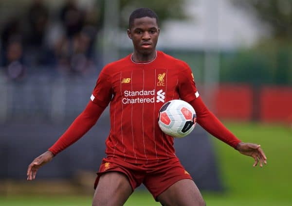 KIRKBY, ENGLAND - Saturday, August 31, 2019: Liverpool's Billy Koumetio during the Under-18 FA Premier League match between Liverpool FC and Manchester United at the Liverpool Academy. (Pic by David Rawcliffe/Propaganda)