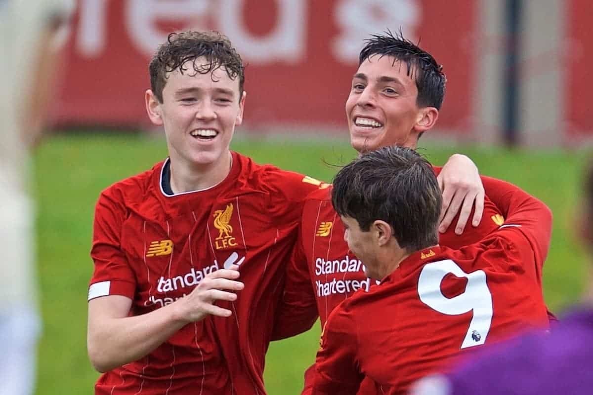 KIRKBY, ENGLAND - Saturday, August 31, 2019: Liverpool's Ritaccio Matteo celebrates scoring the first goal during the Under-18 FA Premier League match between Liverpool FC and Manchester United at the Liverpool Academy. (Pic by David Rawcliffe/Propaganda)