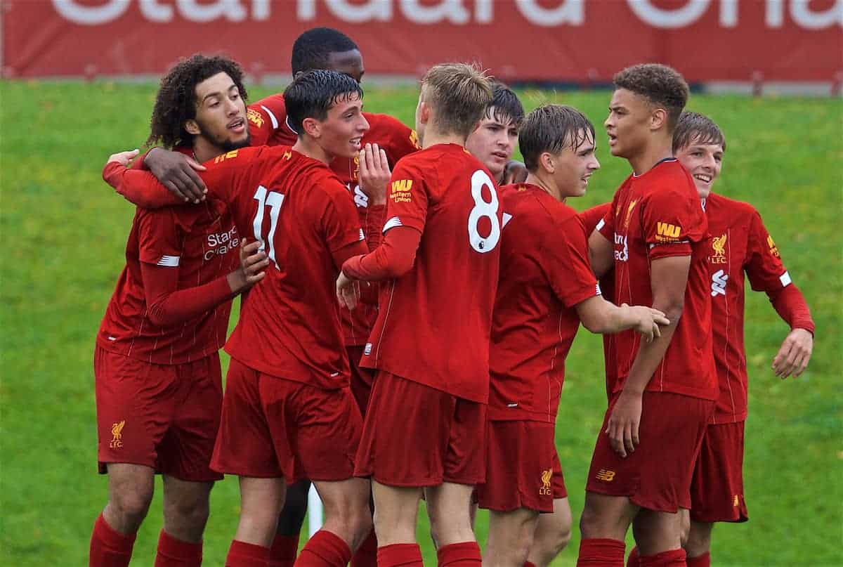 KIRKBY, ENGLAND - Saturday, August 31, 2019: Liverpool's Ritaccio Matteo [#11] celebrates scoring the first goal during the Under-18 FA Premier League match between Liverpool FC and Manchester United at the Liverpool Academy. (Pic by David Rawcliffe/Propaganda)