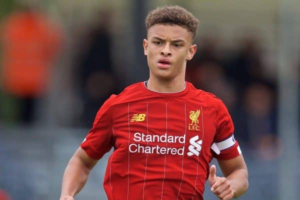 KIRKBY, ENGLAND - Saturday, August 31, 2019: Liverpool's captain Fidel O'Rourke during the Under-18 FA Premier League match between Liverpool FC and Manchester United at the Liverpool Academy. (Pic by David Rawcliffe/Propaganda)