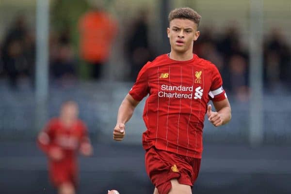 KIRKBY, ENGLAND - Saturday, August 31, 2019: Liverpool's captain Fidel O'Rourke during the Under-18 FA Premier League match between Liverpool FC and Manchester United at the Liverpool Academy. (Pic by David Rawcliffe/Propaganda)