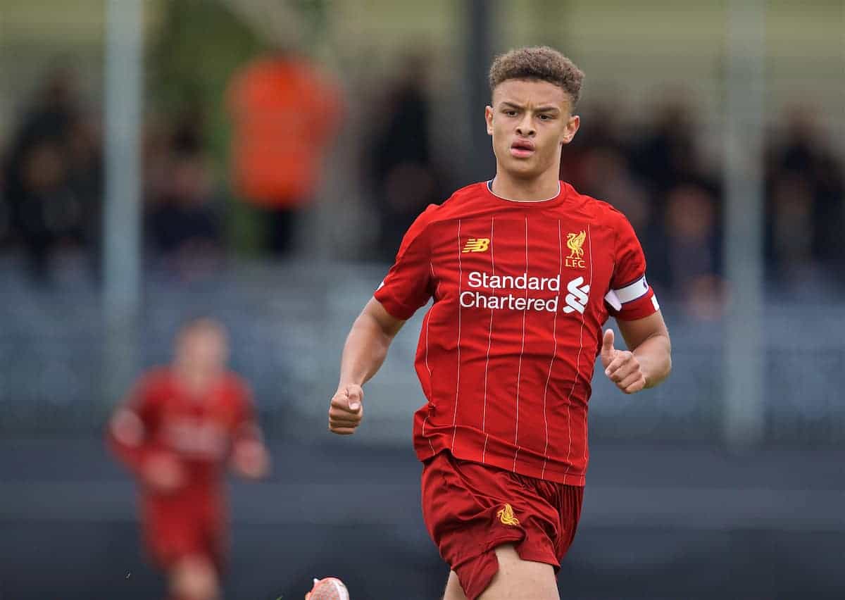 KIRKBY, ENGLAND - Saturday, August 31, 2019: Liverpool's captain Fidel O'Rourke during the Under-18 FA Premier League match between Liverpool FC and Manchester United at the Liverpool Academy. (Pic by David Rawcliffe/Propaganda)