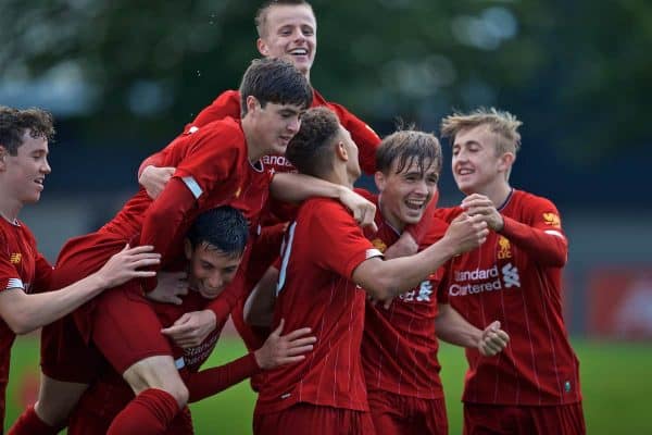 KIRKBY, ENGLAND - Saturday, August 31, 2019: Liverpool's captain Fidel O'Rourke (C) celebrates scoring the second goal with team-mates during the Under-18 FA Premier League match between Liverpool FC and Manchester United at the Liverpool Academy. (Pic by David Rawcliffe/Propaganda)