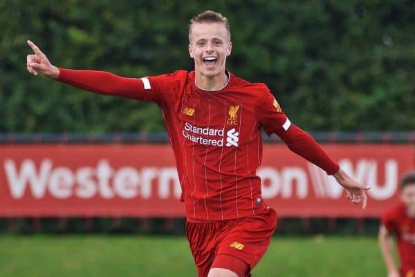 KIRKBY, ENGLAND - Saturday, August 31, 2019: Liverpool's Niall Brookwell celebrates scoring the third goal during the Under-18 FA Premier League match between Liverpool FC and Manchester United at the Liverpool Academy. (Pic by David Rawcliffe/Propaganda)