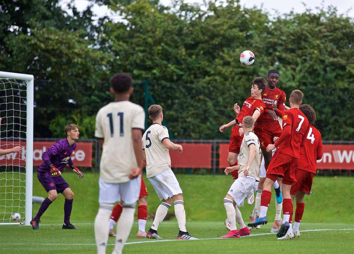 KIRKBY, ENGLAND - Saturday, August 31, 2019: Liverpool's Layton Stewart and Billy Koumetio combine to head the ball into the net for Liverpool's fourth goal during the Under-18 FA Premier League match between Liverpool FC and Manchester United at the Liverpool Academy. (Pic by David Rawcliffe/Propaganda)