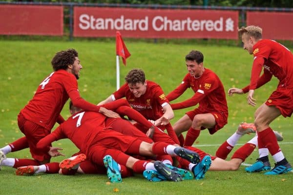 KIRKBY, ENGLAND - Saturday, August 31, 2019: Liverpool players celebrate the fourth goal during the Under-18 FA Premier League match between Liverpool FC and Manchester United at the Liverpool Academy. (Pic by David Rawcliffe/Propaganda)