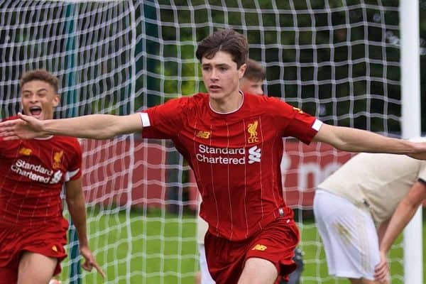 KIRKBY, ENGLAND - Saturday, August 31, 2019: Liverpool's Layton Stewart celebrates the fourth goal during the Under-18 FA Premier League match between Liverpool FC and Manchester United at the Liverpool Academy. (Pic by David Rawcliffe/Propaganda)