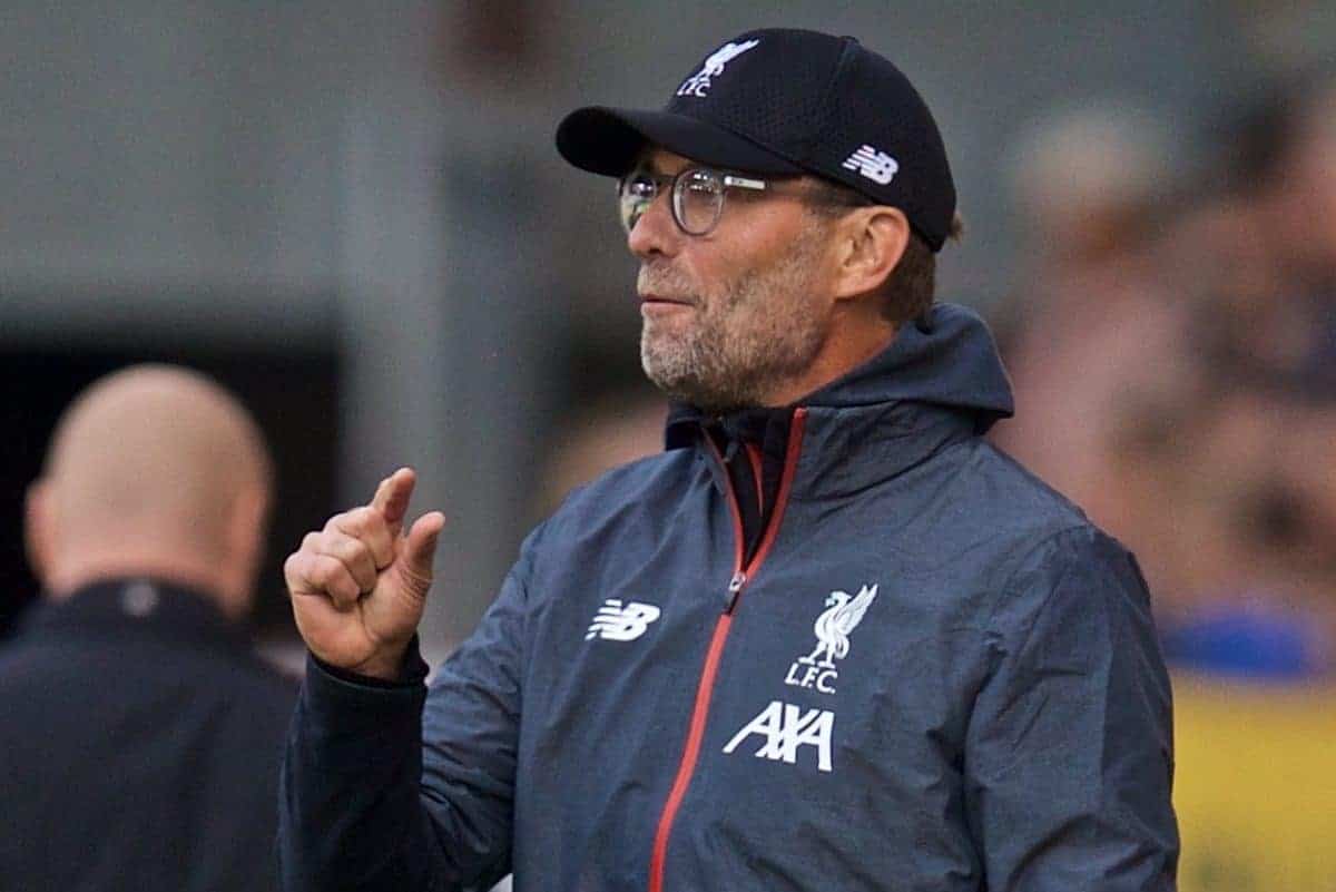 BURNLEY, ENGLAND - Saturday, August 31, 2019: Liverpool's manager Jürgen Klopp reacts during the FA Premier League match between Burnley FC and Liverpool FC at Turf Moor. (Pic by David Rawcliffe/Propaganda)