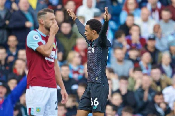 BURNLEY, ENGLAND - Saturday, August 31, 2019: Liverpool's Trent Alexander-Arnold celebrates scoring the first goal during the FA Premier League match between Burnley FC and Liverpool FC at Turf Moor. (Pic by David Rawcliffe/Propaganda)