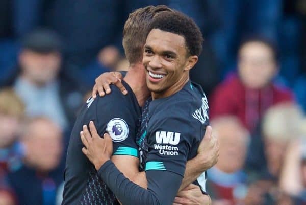 BURNLEY, ENGLAND - Saturday, August 31, 2019: Liverpool's Trent Alexander-Arnold (R) celebrates scoring the first goal with team-mate captain Jordan Henderson during the FA Premier League match between Burnley FC and Liverpool FC at Turf Moor. (Pic by David Rawcliffe/Propaganda)