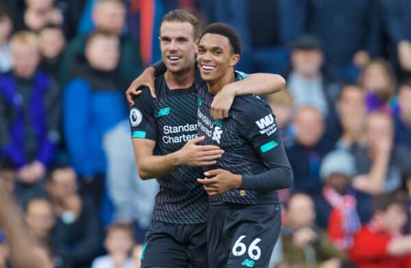 BURNLEY, ENGLAND - Saturday, August 31, 2019: Liverpool's Trent Alexander-Arnold (R) celebrates the first goal with team-mate captain Jordan Henderson during the FA Premier League match between Burnley FC and Liverpool FC at Turf Moor. (Pic by David Rawcliffe/Propaganda)