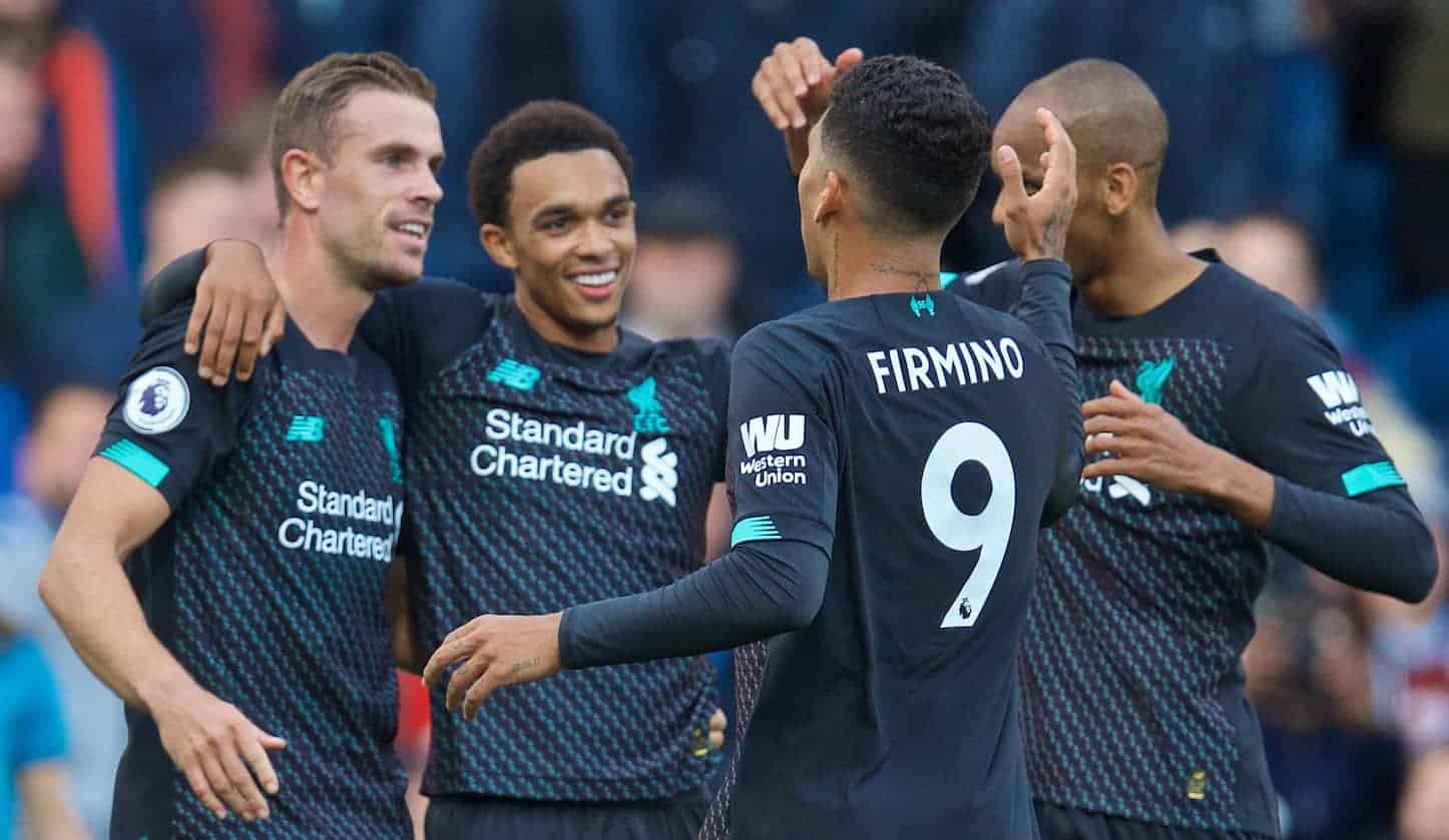 BURNLEY, ENGLAND - Saturday, August 31, 2019: Liverpool's Trent Alexander-Arnold celebrates the first goal with team-mates captain Jordan Henderson, Fabio Henrique Tavares 'Fabinho' and Roberto Firmino during the FA Premier League match between Burnley FC and Liverpool FC at Turf Moor. (Pic by David Rawcliffe/Propaganda)