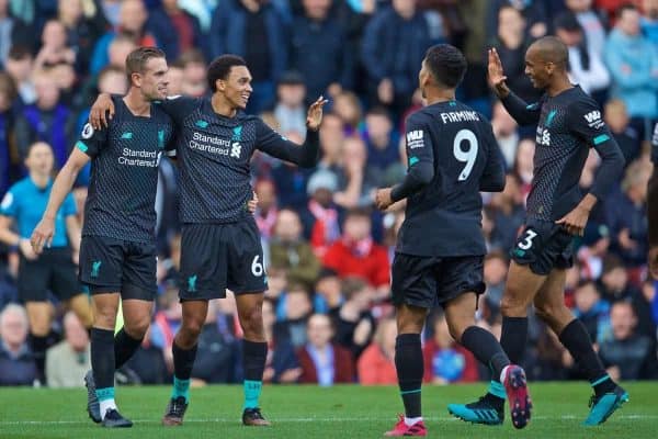 BURNLEY, ENGLAND - Saturday, August 31, 2019: Liverpool's Trent Alexander-Arnold celebrates the first goal with team-mates captain Jordan Henderson, Fabio Henrique Tavares 'Fabinho' and Roberto Firmino during the FA Premier League match between Burnley FC and Liverpool FC at Turf Moor. (Pic by David Rawcliffe/Propaganda)