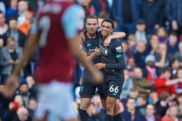 BURNLEY, ENGLAND - Saturday, August 31, 2019: Liverpool's Trent Alexander-Arnold celebrates the first goal with team-mate captain Jordan Henderson during the FA Premier League match between Burnley FC and Liverpool FC at Turf Moor. (Pic by David Rawcliffe/Propaganda)