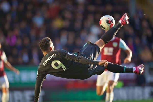 BURNLEY, ENGLAND - Saturday, August 31, 2019: Liverpool's Roberto Firmino tries overhead bicycle kick during the FA Premier League match between Burnley FC and Liverpool FC at Turf Moor. (Pic by David Rawcliffe/Propaganda)