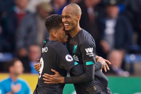 BURNLEY, ENGLAND - Saturday, August 31, 2019: Liverpool's Roberto Firmino (L) celebrates scoring the third goal with team-mate Fabio Henrique Tavares 'Fabinho' during the FA Premier League match between Burnley FC and Liverpool FC at Turf Moor. (Pic by David Rawcliffe/Propaganda)