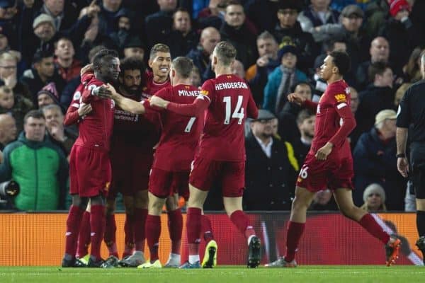 LIVERPOOL, ENGLAND - Thursday, January 2, 2020: Liverpool's Mohamed Salah (2nd from L) celebrates scoring the first goal with team-mates during the FA Premier League match between Liverpool FC and Sheffield United FC at Anfield. (Pic by David Rawcliffe/Propaganda)