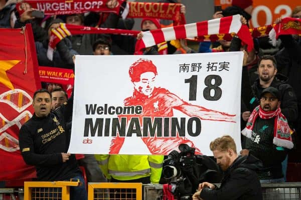 LIVERPOOL, ENGLAND - Thursday, January 2, 2020: Liverpool supporters with a banner for new signing Japan international Takumi Minamino during the FA Premier League match between Liverpool FC and Sheffield United FC at Anfield. (Pic by David Rawcliffe/Propaganda)