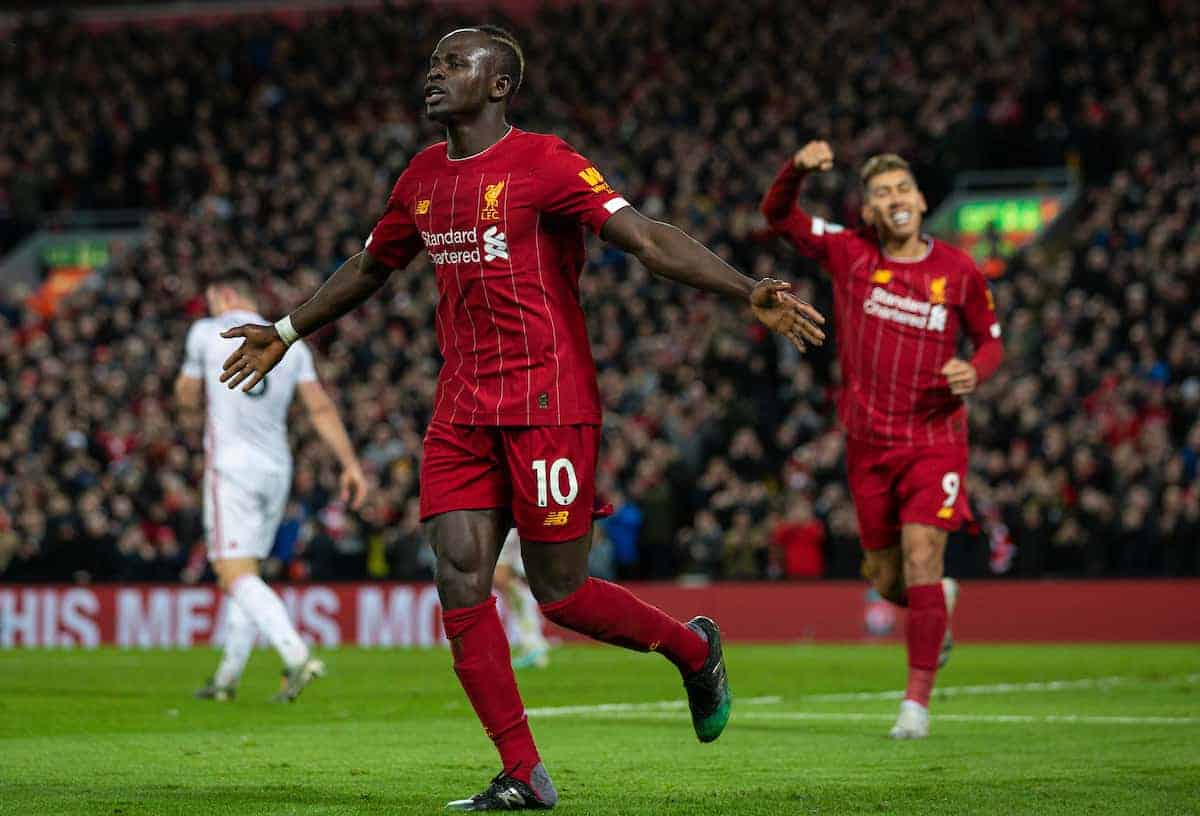 LIVERPOOL, ENGLAND - Thursday, January 2, 2020: Liverpool's Sadio Mané celebrates scoring the second goal during the FA Premier League match between Liverpool FC and Sheffield United FC at Anfield. (Pic by David Rawcliffe/Propaganda)