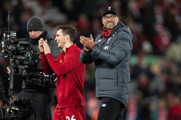 LIVERPOOL, ENGLAND - Thursday, January 2, 2020: Liverpool's manager Jürgen Klopp (R) and Andy Robertson celebrate after the FA Premier League match between Liverpool FC and Sheffield United FC at Anfield. Liverpool won 2-0. (Pic by David Rawcliffe/Propaganda)