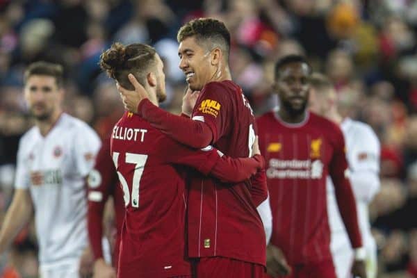 LIVERPOOL, ENGLAND - Thursday, January 2, 2020: Liverpool's Roberto Firmino (R) with substitute Harvey Elliott after the FA Premier League match between Liverpool FC and Sheffield United FC at Anfield. Liverpool won 2-0. (Pic by David Rawcliffe/Propaganda)