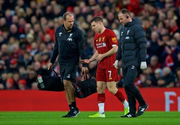 LIVERPOOL, ENGLAND - Sunday, January 5, 2020: Liverpool's captain James Milner goes off injured during the FA Cup 3rd Round match between Liverpool FC and Everton FC, the 235th Merseyside Derby, at Anfield. (Pic by David Rawcliffe/Propaganda)