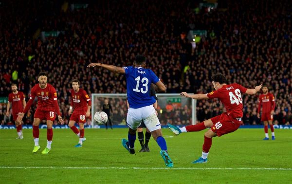 LIVERPOOL, ENGLAND - Sunday, January 5, 2020: Liverpool's Curtis Jones scores the first goal during the FA Cup 3rd Round match between Liverpool FC and Everton FC, the 235th Merseyside Derby, at Anfield. (Pic by David Rawcliffe/Propaganda)