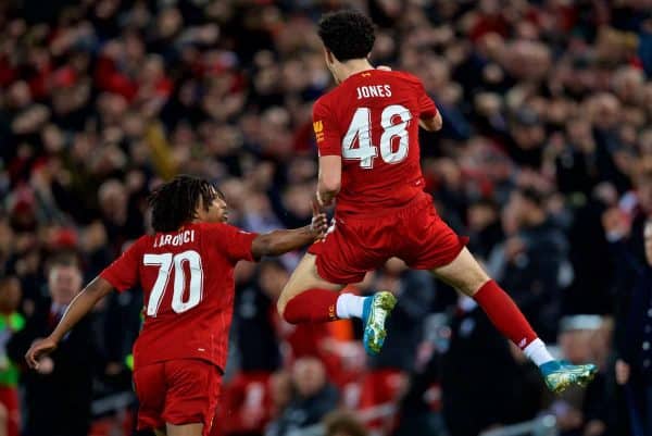 LIVERPOOL, ENGLAND - Sunday, January 5, 2020: Liverpool's Curtis Jones celebrates scoring the first goal during the FA Cup 3rd Round match between Liverpool FC and Everton FC, the 235th Merseyside Derby, at Anfield. (Pic by David Rawcliffe/Propaganda)