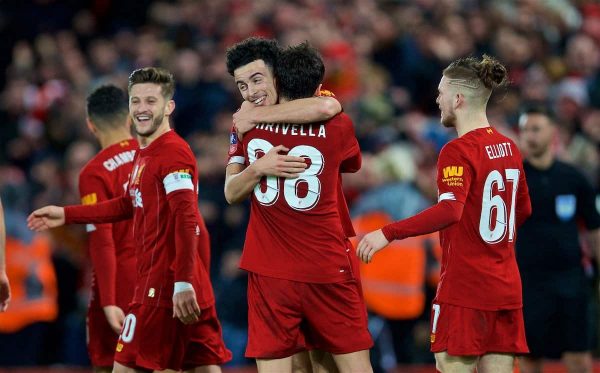 LIVERPOOL, ENGLAND - Sunday, January 5, 2020: Liverpool's Curtis Jones celebrates scoring the first goal with team-mate Pedro Chirivella during the FA Cup 3rd Round match between Liverpool FC and Everton FC, the 235th Merseyside Derby, at Anfield. (Pic by David Rawcliffe/Propaganda)