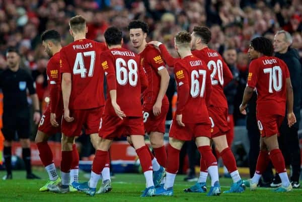 LIVERPOOL, ENGLAND - Sunday, January 5, 2020: Liverpool's Curtis Jones celebrates scoring the first goal with team-mates during the FA Cup 3rd Round match between Liverpool FC and Everton FC, the 235th Merseyside Derby, at Anfield. (Pic by David Rawcliffe/Propaganda)