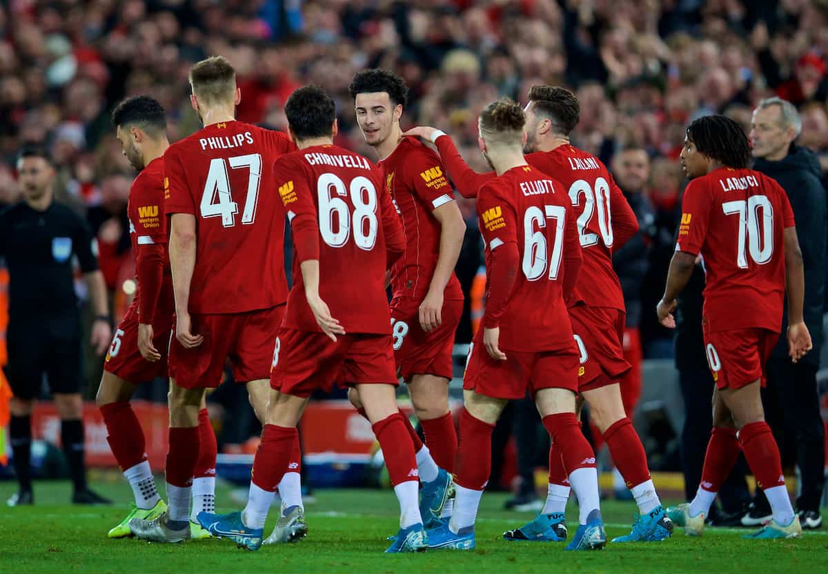 LIVERPOOL, ENGLAND - Sunday, January 5, 2020: Liverpool's Curtis Jones celebrates scoring the first goal with team-mates during the FA Cup 3rd Round match between Liverpool FC and Everton FC, the 235th Merseyside Derby, at Anfield. (Pic by David Rawcliffe/Propaganda)