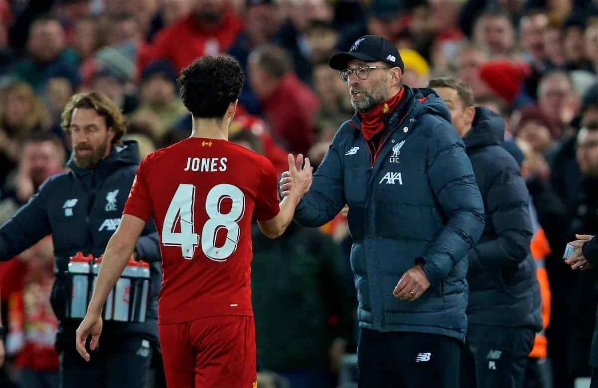 LIVERPOOL, ENGLAND - Sunday, January 5, 2020: Liverpool's Curtis Jones (L) shakes hands with manager Jürgen Klopp as he celebrates scoring the first goal during the FA Cup 3rd Round match between Liverpool FC and Everton FC, the 235th Merseyside Derby, at Anfield. (Pic by David Rawcliffe/Propaganda)