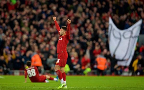 LIVERPOOL, ENGLAND - Sunday, January 5, 2020: Liverpool's Alex Oxlade-Chamberlain celebrates at the final whistle after beating Everton 1-0 during the FA Cup 3rd Round match between Liverpool FC and Everton FC, the 235th Merseyside Derby, at Anfield. (Pic by David Rawcliffe/Propaganda)