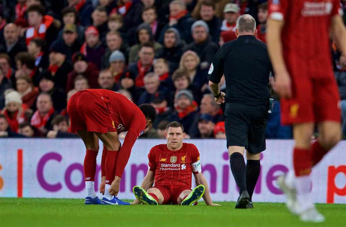 LIVERPOOL, ENGLAND - Sunday, January 5, 2020: Liverpool's James Milner sits injured during the FA Cup 3rd Round match between Liverpool FC and Everton FC, the 235th Merseyside Derby, at Anfield. (Pic by David Rawcliffe/Propaganda)