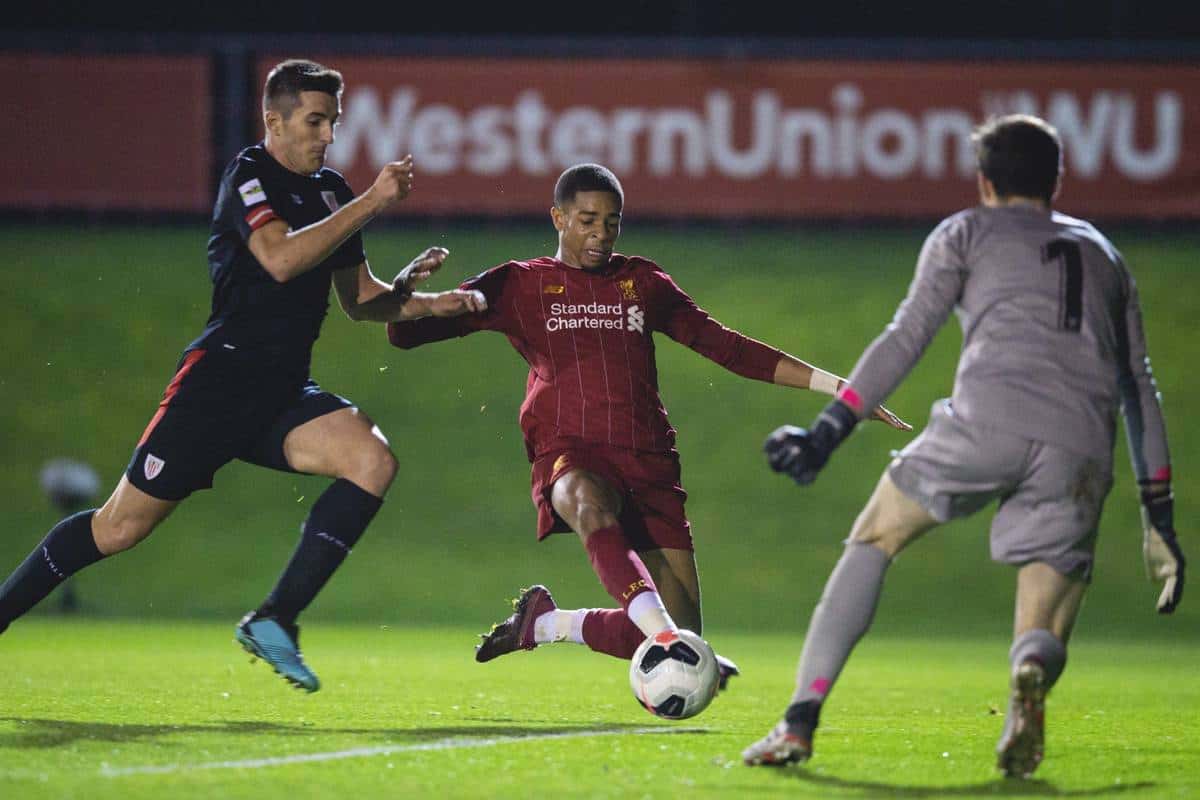 LIVERPOOL, ENGLAND - Wednesday, January 8, 2020: Liverpool's Elijah Dixon-Bonner sees his shot saved during the Premier League International Cup match between Liverpool FC and Athletic Club Bilbao at the Liverpool Academy. (Pic by David Rawcliffe/Propaganda)