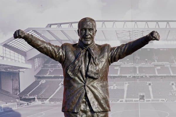 LIVERPOOL, ENGLAND - Sunday, January 19, 2020: A statue of former Liverpool manager Bill Shankly pictured before the FA Premier League match between Liverpool FC and Manchester United FC at Anfield. (Pic by David Rawcliffe/Propaganda)