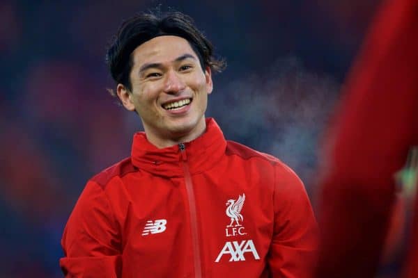LIVERPOOL, ENGLAND - Sunday, January 19, 2020: Liverpool's Takumi Minamino during the pre-match warm-up before the FA Premier League match between Liverpool FC and Manchester United FC at Anfield. (Pic by David Rawcliffe/Propaganda)