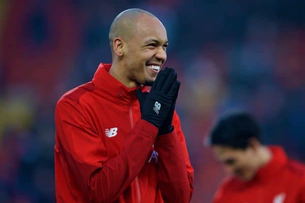 LIVERPOOL, ENGLAND - Sunday, January 19, 2020: Liverpool's Fabio Henrique Tavares 'Fabinho' during the pre-match warm-up before the FA Premier League match between Liverpool FC and Manchester United FC at Anfield. (Pic by David Rawcliffe/Propaganda)